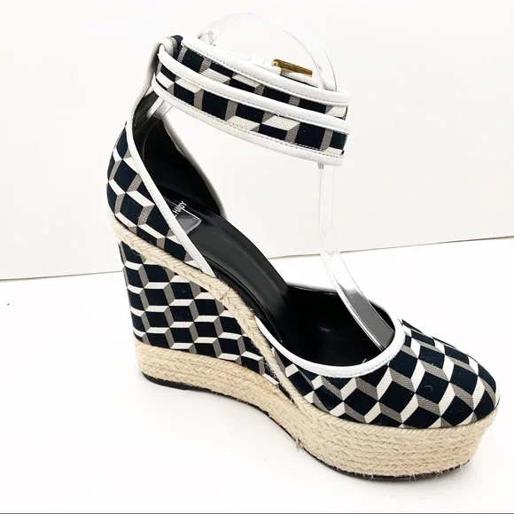 {Pierre Hardy} Canvas & Leather Cubed Print Espadrille Wedges - Picture 6 of 16